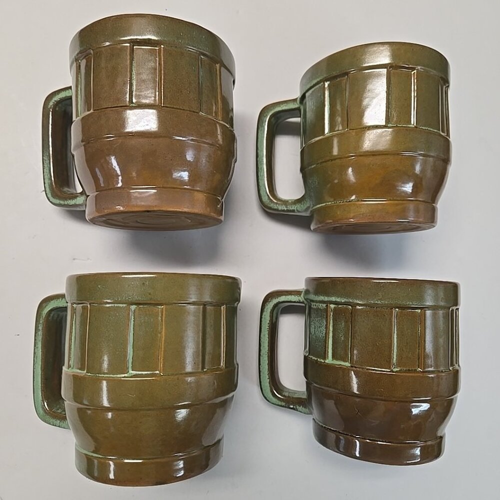 Lot of 4 Vintage Frankoma Pottery Wagon Wheel Mugs Prairie Green and Brown 94M